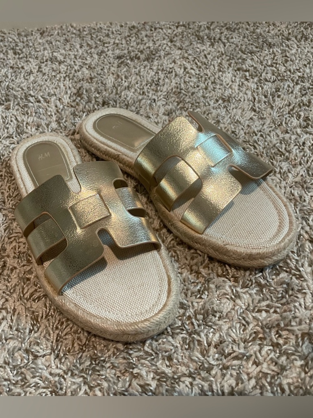 H&M Metallic Gold Slide Mules with Espadrille Trim